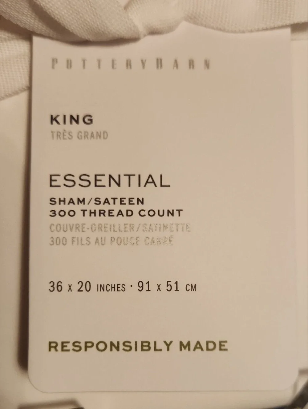 Pottery Barn Essential White Cotton King Sateen Sham NWT